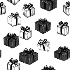 Gift boxes and ribbons in a repeating design, seamless pattern vector