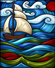 Obraz premium A stained glass window depicting a sailboat sailing in the ocean, capturing the intricate details of the boat and the water.