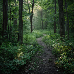 Fototapeta premium A tranquil woodland path lined with trees and soft grass, inviting exploration and connection with nature.