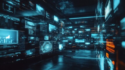 Fototapeta premium A control room showcases multiple digital displays, projecting data visualizations and holographic interfaces in a high-tech environment