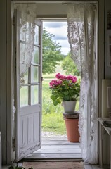 open front door with lace curtains and pink, white flowers in the window boxes
