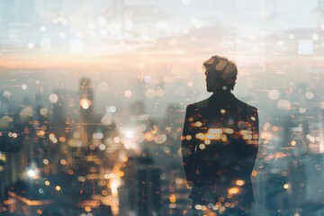 A man stands in the city at night, looking out over the skyline. The city is lit up with bright lights, creating a sense of energy and excitement. The man is lost in thought