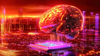 A futuristic brain illustration with neon colors, representing advanced technology and artificial intelligence in an abstract cityscape.