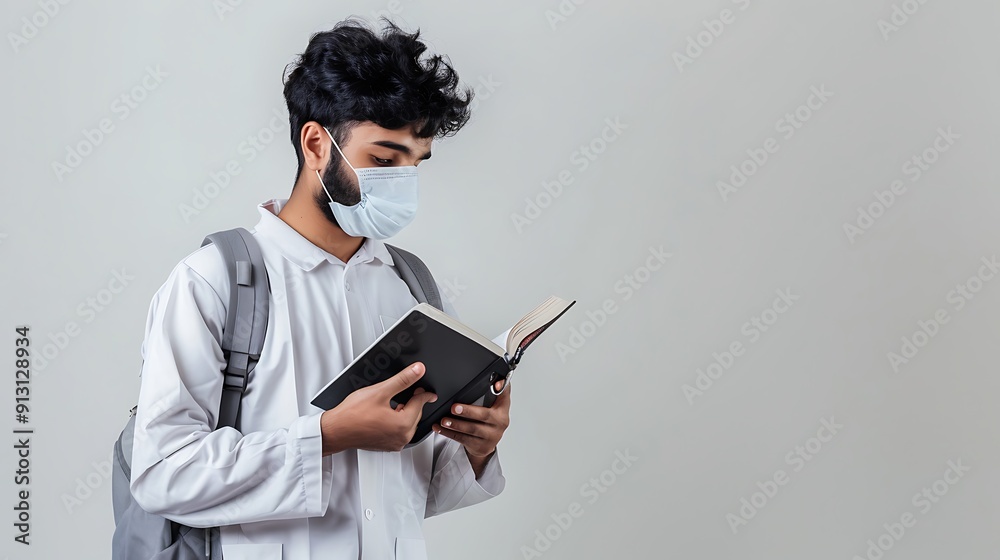 Wall mural Isolated Young Student Use Mask Wearing White clothes Reading a Book Read Quran