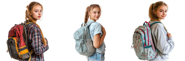 Set of A teenage girl wearing a backpack, ready for school isolated on transparent background