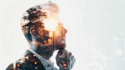 A man is looking at the camera with a thoughtful expression. The image is a creative representation of a man's face, with the city and trees surrounding him. Scene is contemplative and introspective