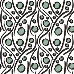 Seamless abstract geometry pattern. Simple background on green, white, black colors. Illustration. Circles, lines. Designed for textile fabrics, wrapping paper, background, wallpaper, cover.