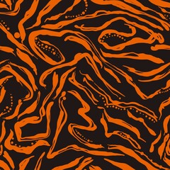 Seamless abstract textured pattern. Simple background with orange lines on black. Digital brush strokes. Lines, dots. Design for textile fabrics, wrapping paper, background, wallpaper, cover.