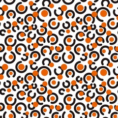 Seamless abstract textured pattern. Simple background black, orange, white. Circles, dots, arcs, lines. Digital brush strokes. Design for textile fabrics, wrapping paper, background, wallpaper, cover.