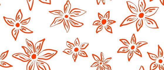 Seamless abstract botanical pattern. Simple background with orange, white texture. Digital brush strokes. Flowers. Design for textile fabrics, wrapping paper, background, wallpaper, cover.