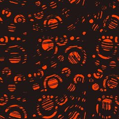 Seamless abstract geometric pattern. Black, orange. Circles, rings, lines, dots, arcs, stains. Digital brush strokes texture. Design for textile fabrics, wrapping paper, background, wallpaper, cover.