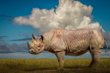 side view of a standing rhino in a grassy field