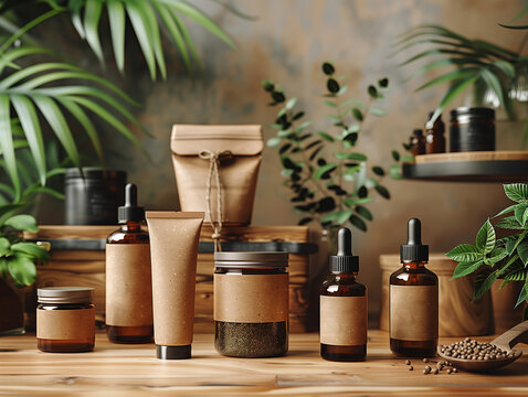 Natural organic cosmetics for skin care and rejuvenation in reusable glass packaging concept zero waste mockup on craft background.