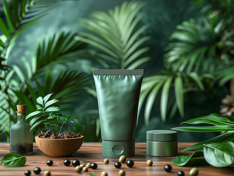 Natural organic cream for hydration and rejuvenation, cosmetics for skin care mockup on green background with plants
