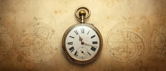 The old antique classic clocks on a vintage wide paper background. Concept of time, history, science, memory, information. Retro style. Vintage clockwork aand watch background.