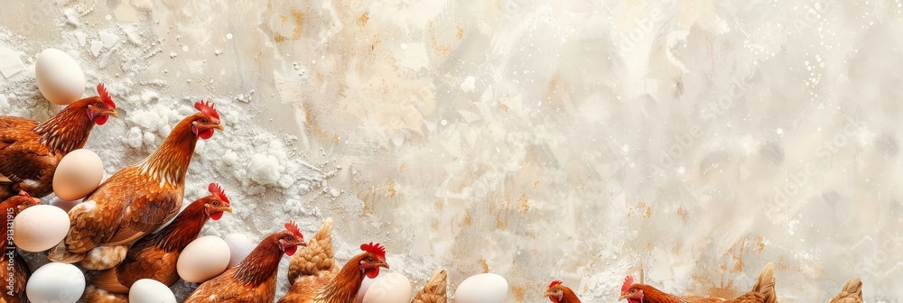 Wall mural A group of chickens and fresh eggs on a rustic background, symbolizing farm life, freshness, nourishment, and the cycle of life.