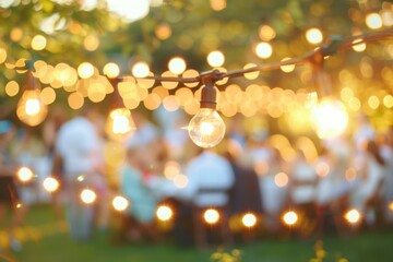 Blurred background of an outdoor wedding party with string lights A warm and inviting atmosphere, blurred people in the foreground Generative AI