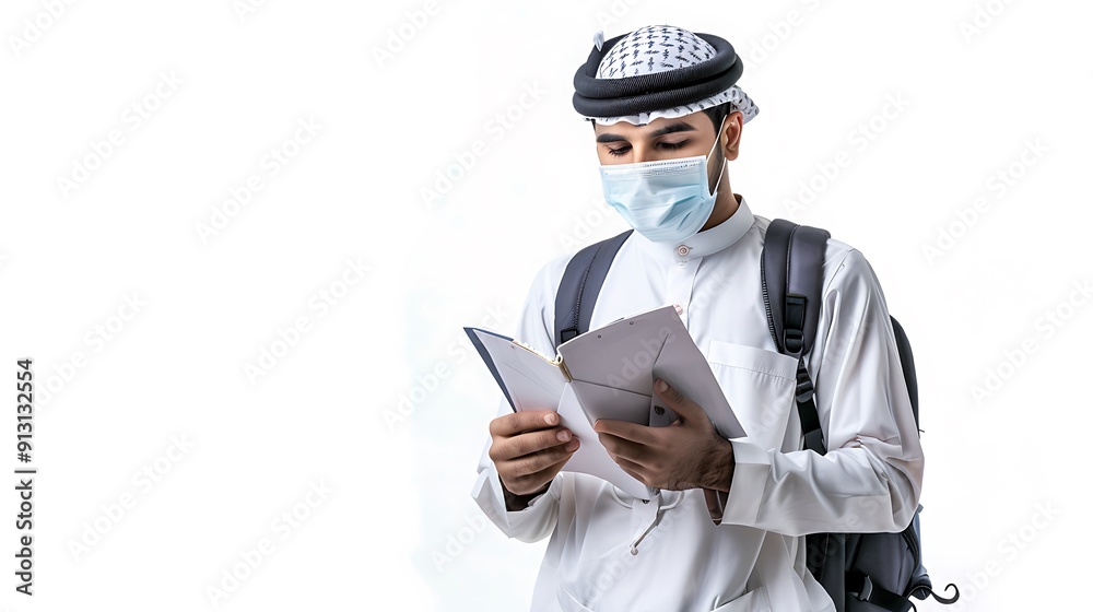 Wall mural Isolated Young Saudi Student Use Mask Wearing White Reading a Book Read Quran