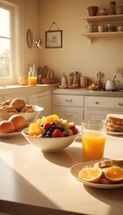 A vibrant and cheerful breakfast scene with a bowl of fresh fruit, a glass of orange juice, and a sandwich on a plate, all set on a kitchen counter with natural light streaming in