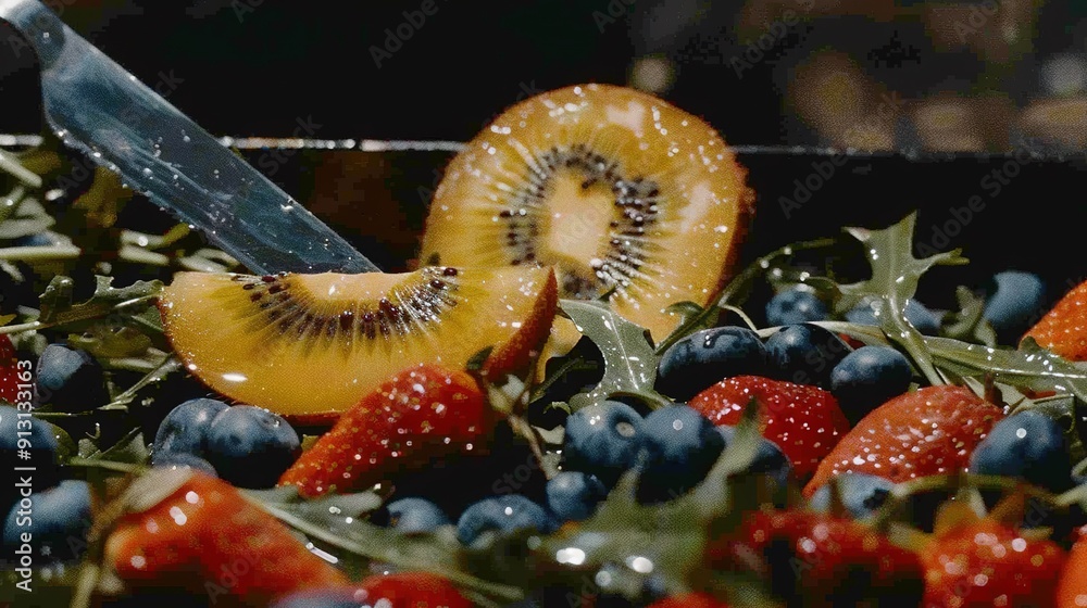 Sticker   A sliced kiwi resting on a bed of blueberries and strawberries beside a knife