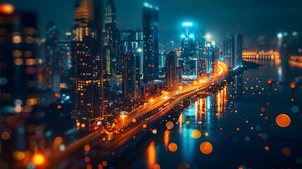 Fototapeta premium Abstract smart city lights by night, river bridge, network connectivity, technology, telecommunications design