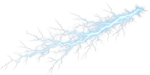 Bright horizontal lightning streak with electric discharge on transparent background