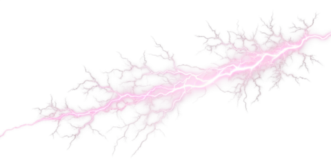 Purple lightning bolt, electric storm energy on transparent sky