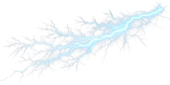 Blue lightning arc, intense electric power on transparent background