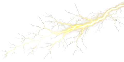 Intense yellow electric lightning bolt with glowing sparks, cut out transparent