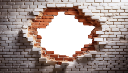 Broken Brick Wall with Hole cut out transparent isolated on white background PNG