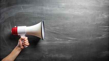 Hand with a megaphone in front of an empty blackboard
