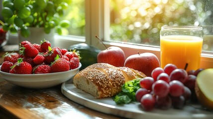 A vibrant and cheerful breakfast scene with a bowl of fresh fruit, a glass of orange juice, and a sandwich on a plate, all set on a kitchen counter with natural light streaming in