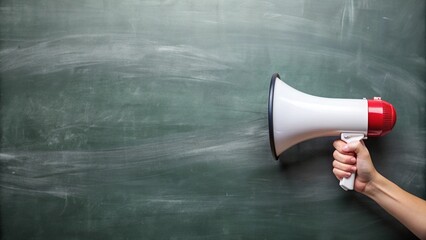 Hand with a megaphone in front of an empty blackboard
