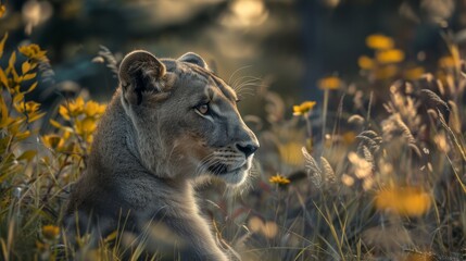  A tight shot of a lion reclining in a sea of green grass and vibrant flowers, surrounded by a softly blurred backdrop of yellow blooms