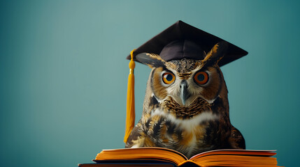 Graduation cap-wearing owl with an open book on a teal colour backdrop with room for text. Teaching concept
