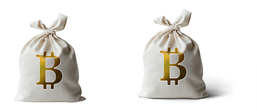 Sacos de criptomoedas  confecionado em seda  e com cifr&atilde;o dourado de crypto bitcoin, estampado isolado em fundo transparente