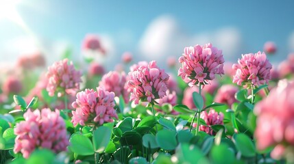 Obraz premium A pink field with green foliage in the foreground and a blue cloudy sky in the background