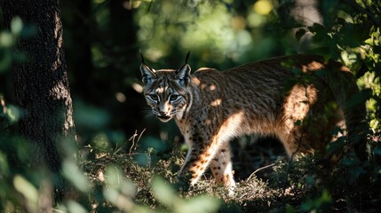Fototapeta premium A single lynx stalking through the underbrush of a dense forest, with shadows and light playing on the ground.