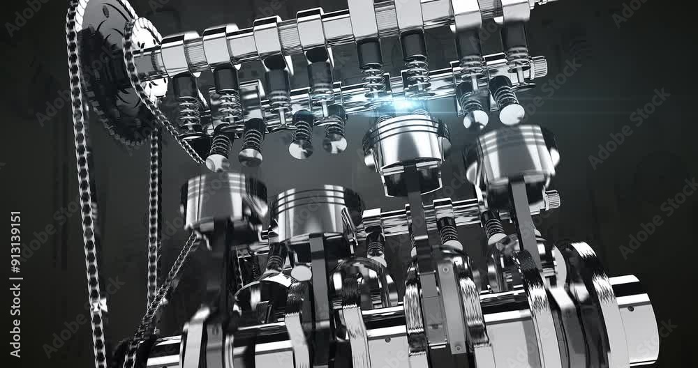 Leinwandbilder Rotating 3D Shiny V8 Engine From Low Angle. Complete Engine Parts. Industry Related High Quality 3D 4K Animation.