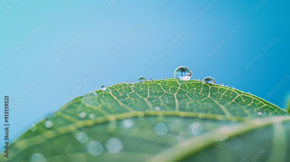 Poster Close-up shot of dew drops on a green leaf, showcasing the beauty of nature, water droplets, fresh greenery, and the contrast between nature and the sky.