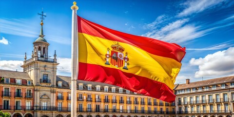 Spanish flag waving in front of historic building with tower under blue sky.