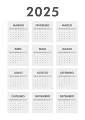 Black and white vertical classic calendar 2025 on portuguese language. Week starts on Monday. Desk or wall calendar in minimalist style