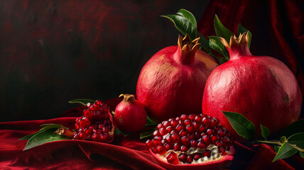 Pomegranate with glistening seeds on an elegant  dark velvet background