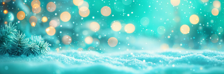 Serene winter scene with a calm body of water reflecting the sky, adorned with twinkling lights and snow-covered pine branches on the shore.