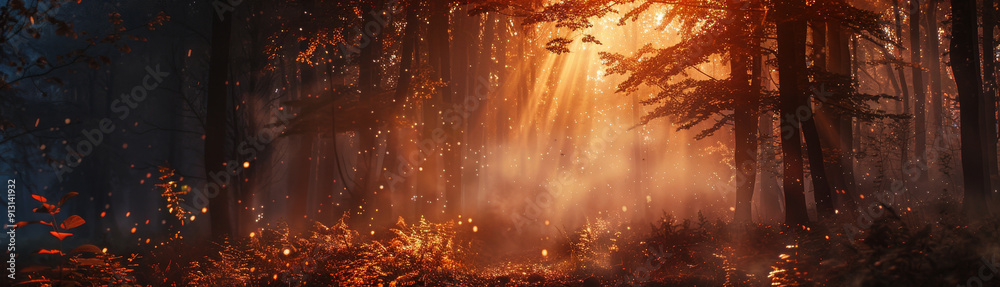 Poster A beautiful forest scene with golden sunlight streaming through the trees, illuminating the leaves and creating a magical atmosphere. The scene symbolizes nature's beauty, tranquility, and the changin