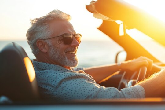 Joyful senior man driving a convertible along a picturesque coastal road.