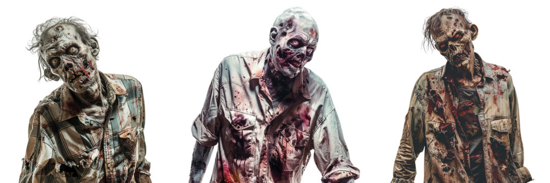 Set of Creepy zombie in a ripped and bloodstained shirt isolated on transparent background  (4)