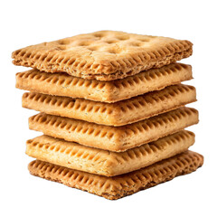 Stack of golden brown crackers is sitting on a white background