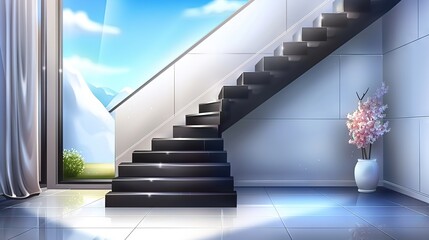   A vase with flowers rests on the ground beside a stairway leading upstairs