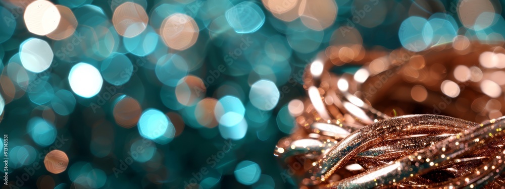 Canvas Prints  A tight shot of numerous gleaming beads scattered on a table, surrounded by a hazy backdrop of blue and gold